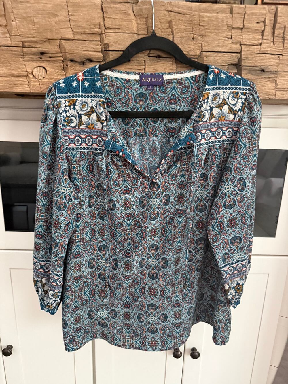 Artesia Boho Blouse Sz L Long Sleeve Paisley Print Peasant Top Split Neck